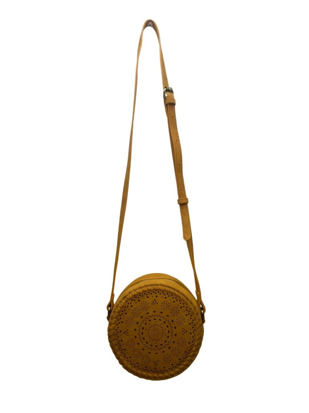 Women’s Mustard Vegan Leather Laser-Cut Adjustable Strap Round Crossbody Bag
